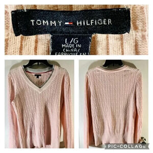 Vintage Tommy Hilfiger Women’s Pink V-neck Sweater Size Large